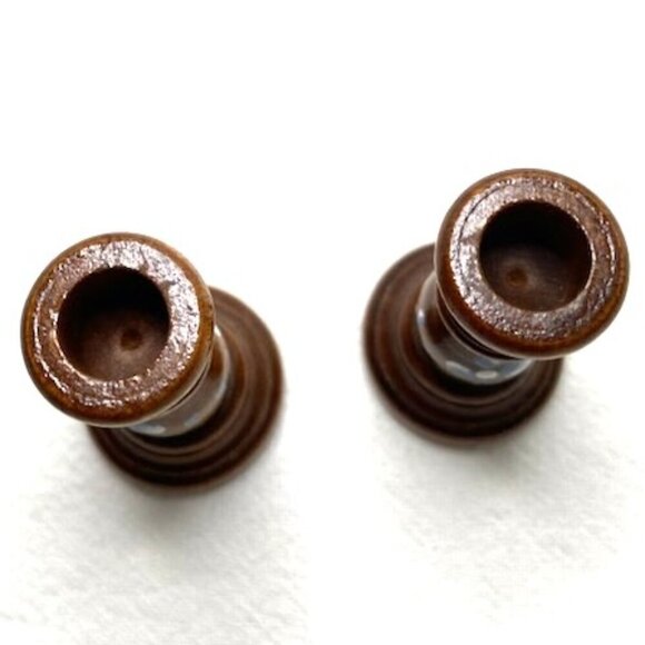 Vtg Wood Mini Candle Holders Set of 2 Hand Painted Blue Flower Folk Art - Picture 3 of 4